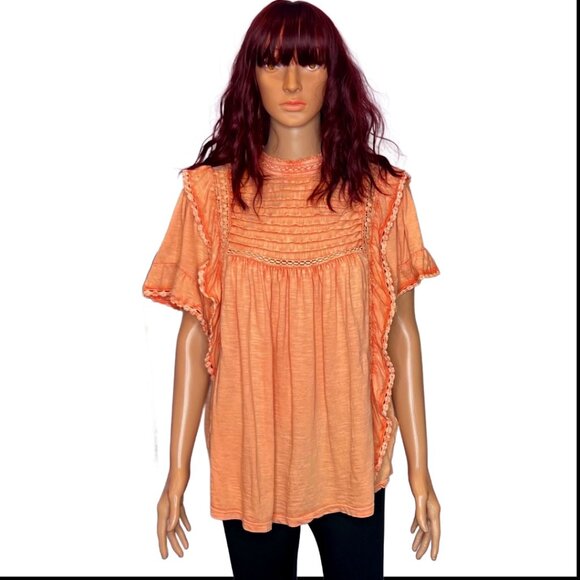 Free People Le Femme T-Shirt Pintuck Lace Ruffle Blouse Top Sz XL Tall - Picture 1 of 9